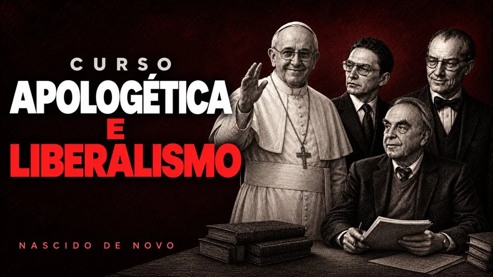 Arte do curso Apologética e Liberalismo, com ilustração de líderes religiosos e teólogos