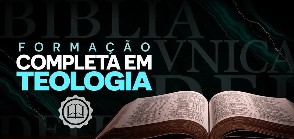 Arte do curso Formação Completa em Teologia, com uma Bíblia aberta