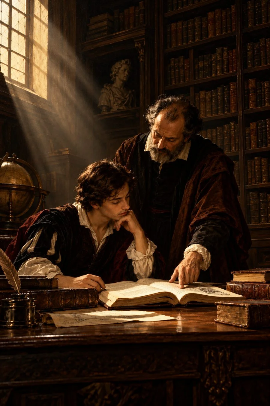 Pintura de um mestre orientando um jovem aluno na leitura de um livro aberto, numa biblioteca antiga